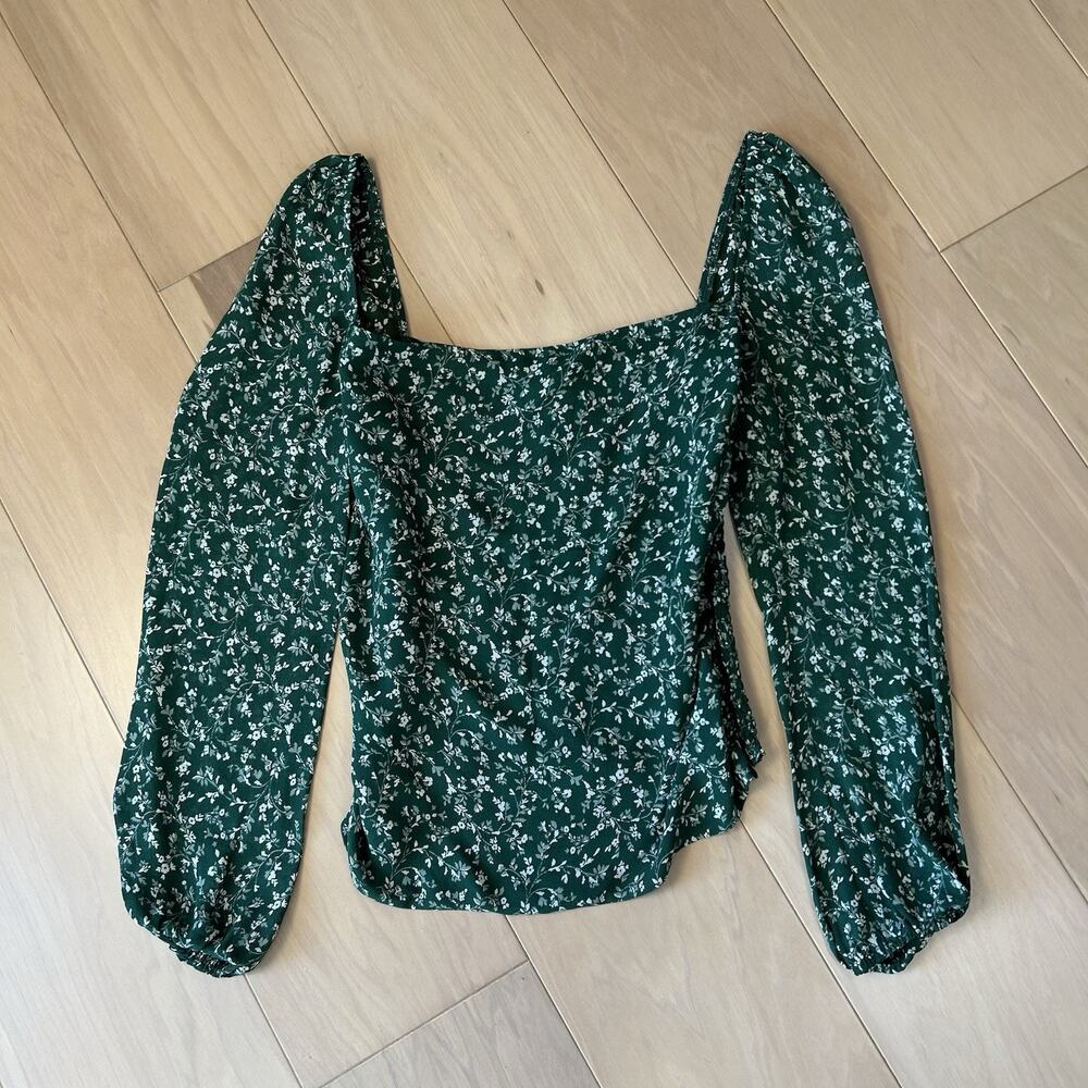 Reformation Emerald Green Floral Square-Neck Blouse